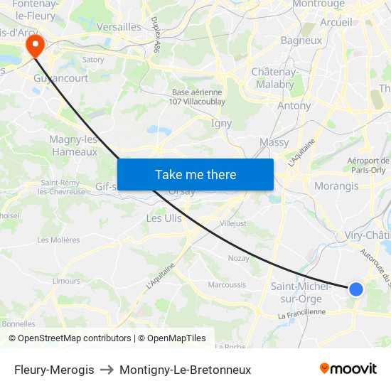 Fleury-Merogis to Montigny-Le-Bretonneux map