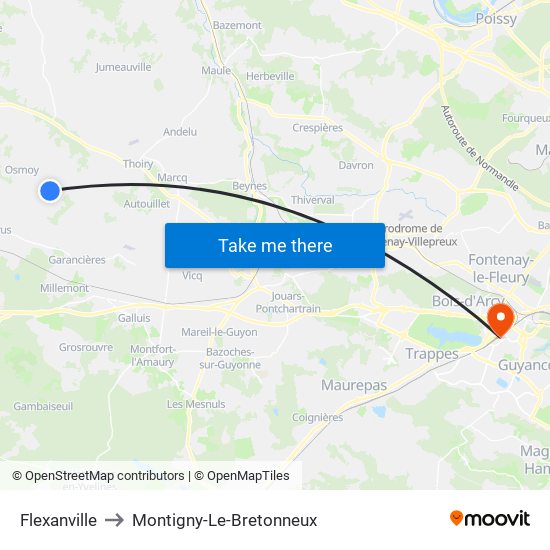 Flexanville to Montigny-Le-Bretonneux map