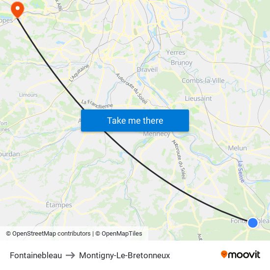 Fontainebleau to Montigny-Le-Bretonneux map