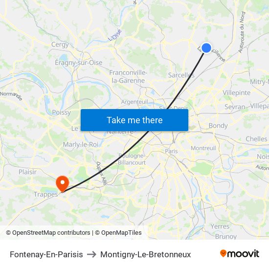 Fontenay-En-Parisis to Montigny-Le-Bretonneux map