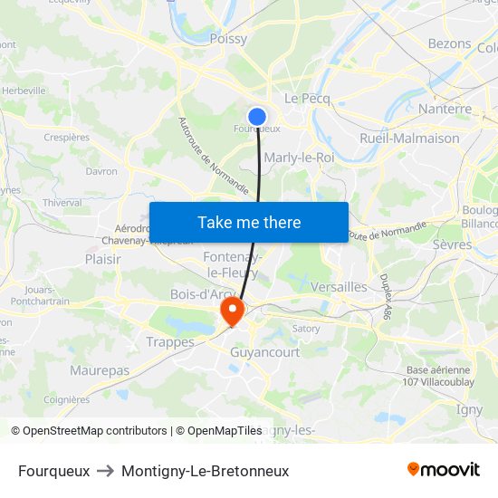 Fourqueux to Montigny-Le-Bretonneux map