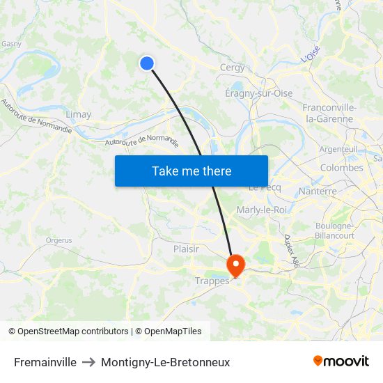 Fremainville to Montigny-Le-Bretonneux map