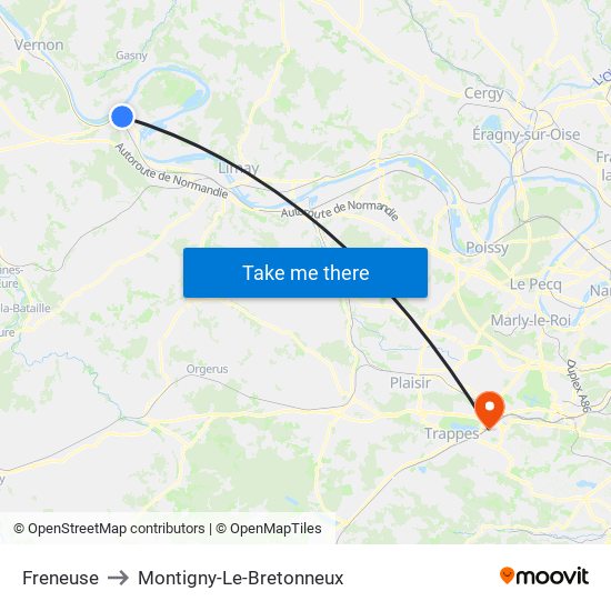 Freneuse to Montigny-Le-Bretonneux map
