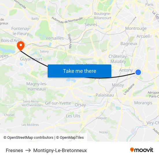 Fresnes to Montigny-Le-Bretonneux map