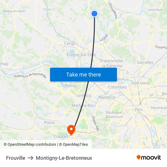 Frouville to Montigny-Le-Bretonneux map