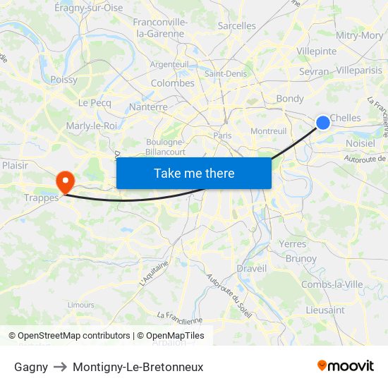 Gagny to Montigny-Le-Bretonneux map