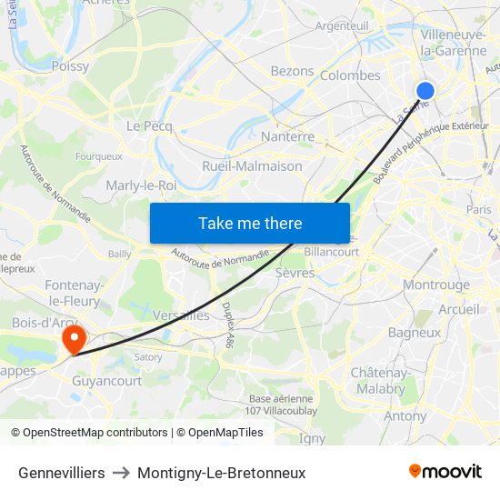 Gennevilliers to Montigny-Le-Bretonneux map