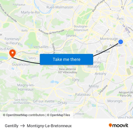 Gentilly to Montigny-Le-Bretonneux map