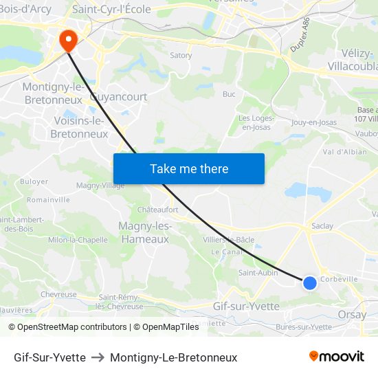 Gif-Sur-Yvette to Montigny-Le-Bretonneux map