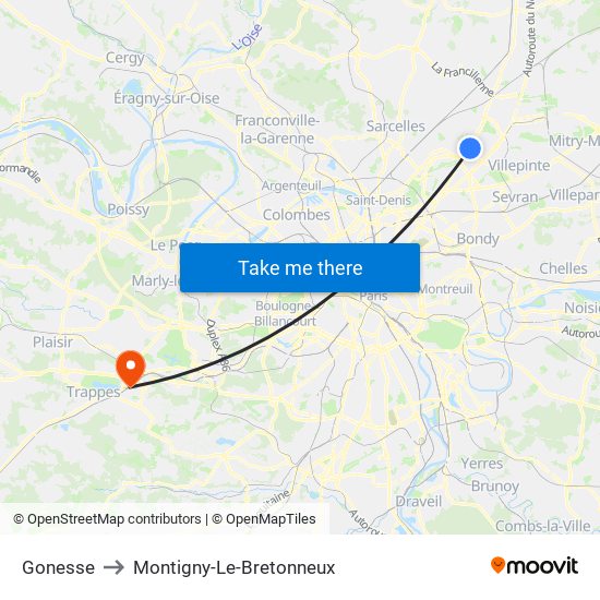Gonesse to Montigny-Le-Bretonneux map