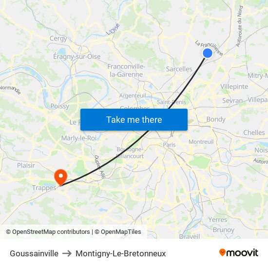 Goussainville to Montigny-Le-Bretonneux map