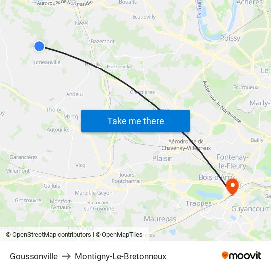 Goussonville to Montigny-Le-Bretonneux map