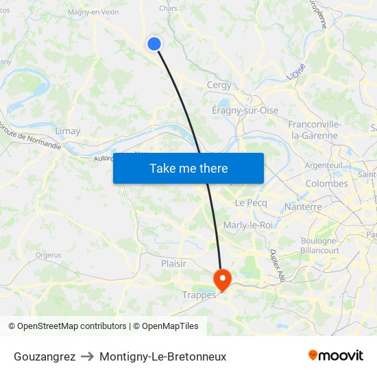 Gouzangrez to Montigny-Le-Bretonneux map