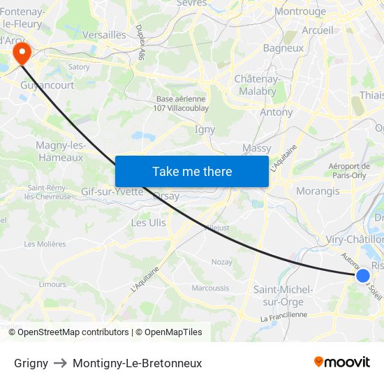Grigny to Montigny-Le-Bretonneux map