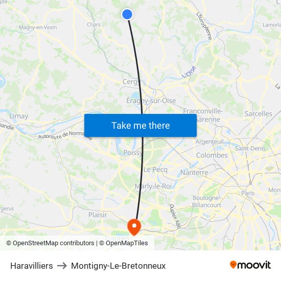 Haravilliers to Montigny-Le-Bretonneux map