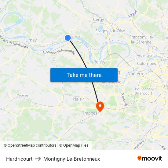 Hardricourt to Montigny-Le-Bretonneux map