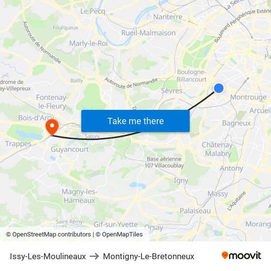 Issy-Les-Moulineaux to Montigny-Le-Bretonneux map