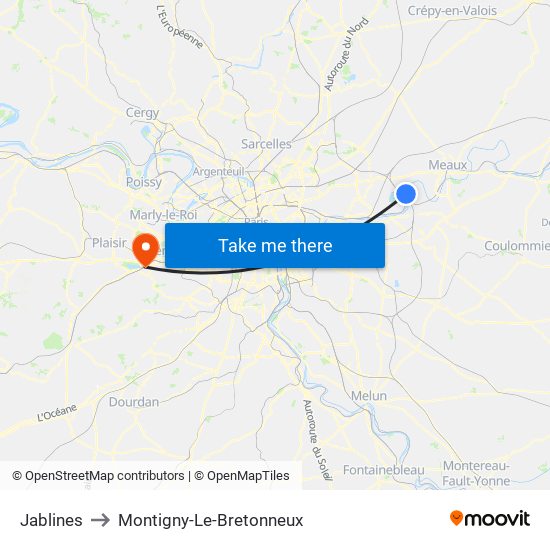 Jablines to Montigny-Le-Bretonneux map