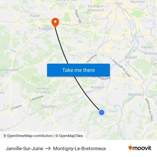 Janville-Sur-Juine to Montigny-Le-Bretonneux map