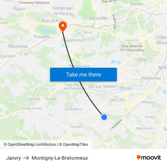 Janvry to Montigny-Le-Bretonneux map