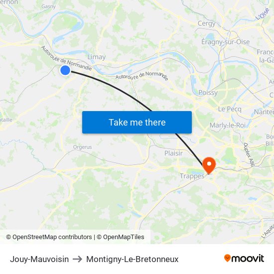 Jouy-Mauvoisin to Montigny-Le-Bretonneux map