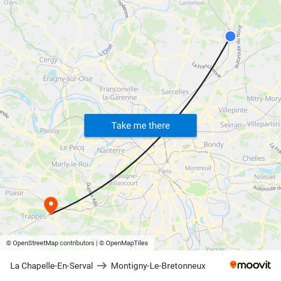 La Chapelle-En-Serval to Montigny-Le-Bretonneux map