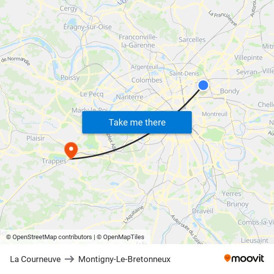 La Courneuve to Montigny-Le-Bretonneux map