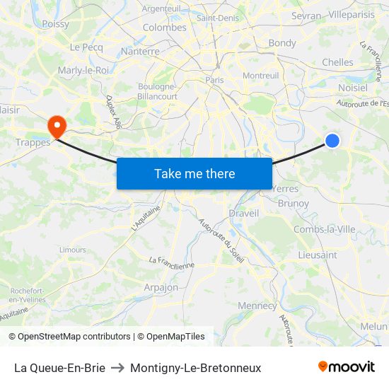 La Queue-En-Brie to Montigny-Le-Bretonneux map