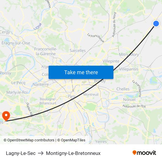 Lagny-Le-Sec to Montigny-Le-Bretonneux map