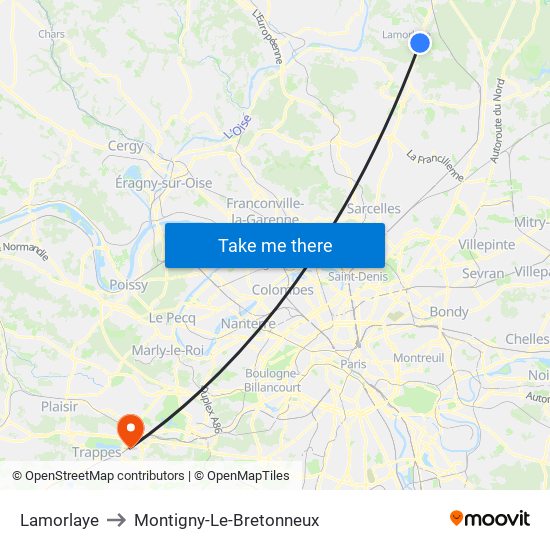 Lamorlaye to Montigny-Le-Bretonneux map