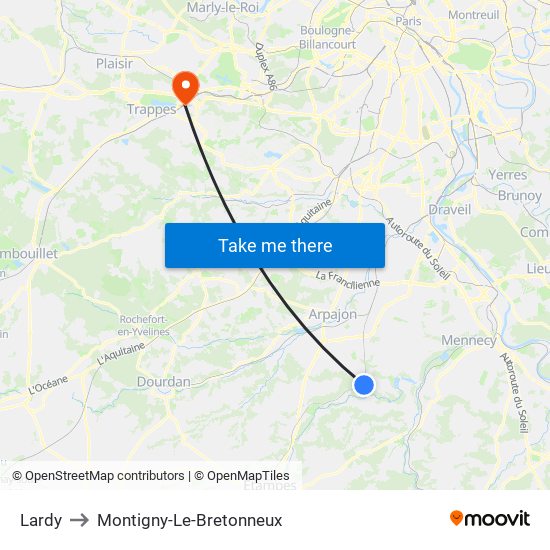 Lardy to Montigny-Le-Bretonneux map