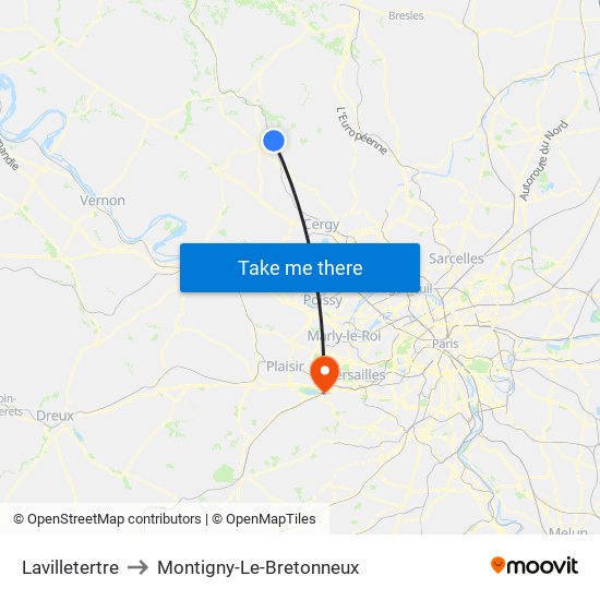 Lavilletertre to Montigny-Le-Bretonneux map