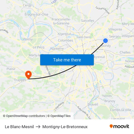 Le Blanc-Mesnil to Montigny-Le-Bretonneux map