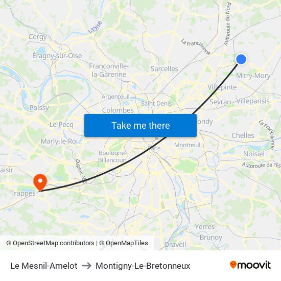 Le Mesnil-Amelot to Montigny-Le-Bretonneux map