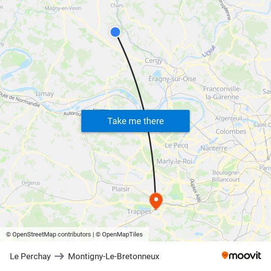 Le Perchay to Montigny-Le-Bretonneux map
