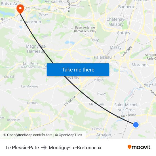 Le Plessis-Pate to Montigny-Le-Bretonneux map