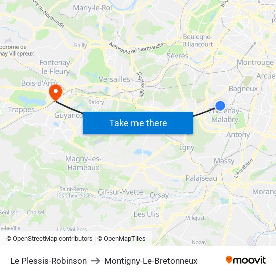 Le Plessis-Robinson to Montigny-Le-Bretonneux map