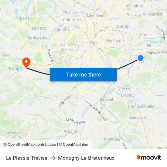 Le Plessis-Trevise to Montigny-Le-Bretonneux map