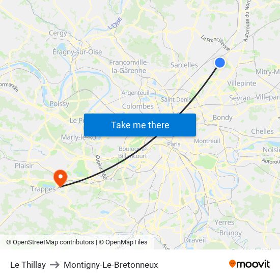 Le Thillay to Montigny-Le-Bretonneux map