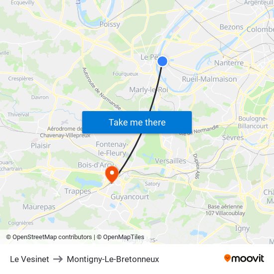 Le Vesinet to Montigny-Le-Bretonneux map