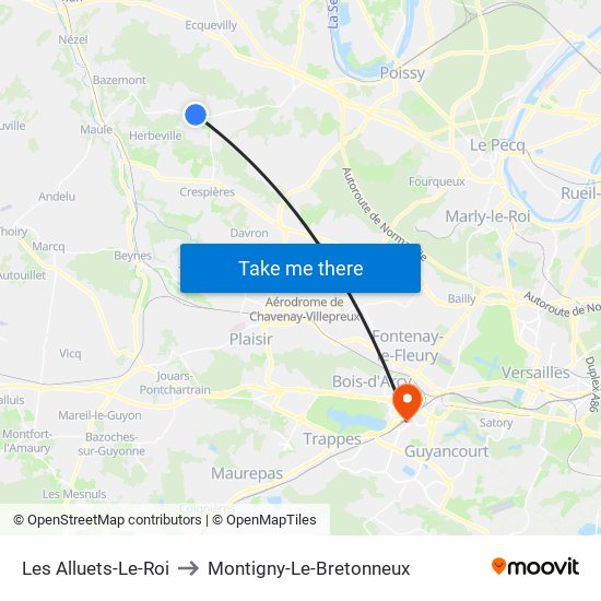 Les Alluets-Le-Roi to Montigny-Le-Bretonneux map