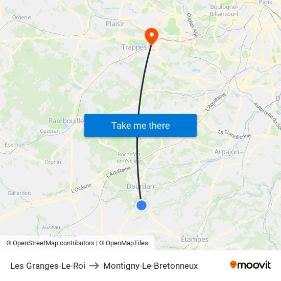 Les Granges-Le-Roi to Montigny-Le-Bretonneux map