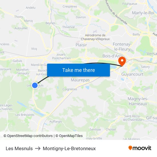 Les Mesnuls to Montigny-Le-Bretonneux map