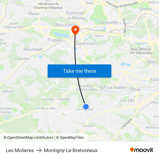 Les Molieres to Montigny-Le-Bretonneux map