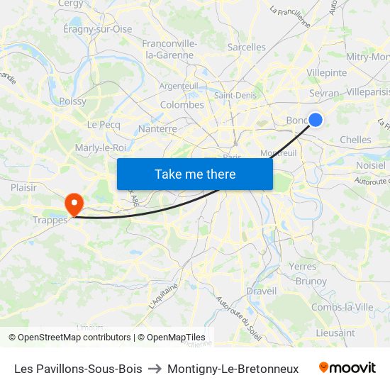 Les Pavillons-Sous-Bois to Montigny-Le-Bretonneux map