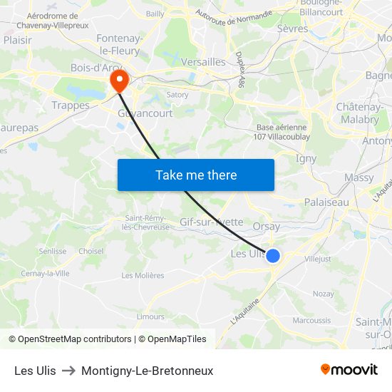 Les Ulis to Montigny-Le-Bretonneux map