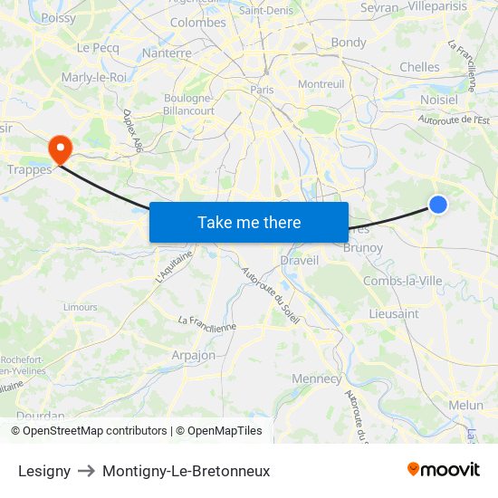Lesigny to Montigny-Le-Bretonneux map