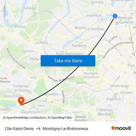 L'Ile-Saint-Denis to Montigny-Le-Bretonneux map