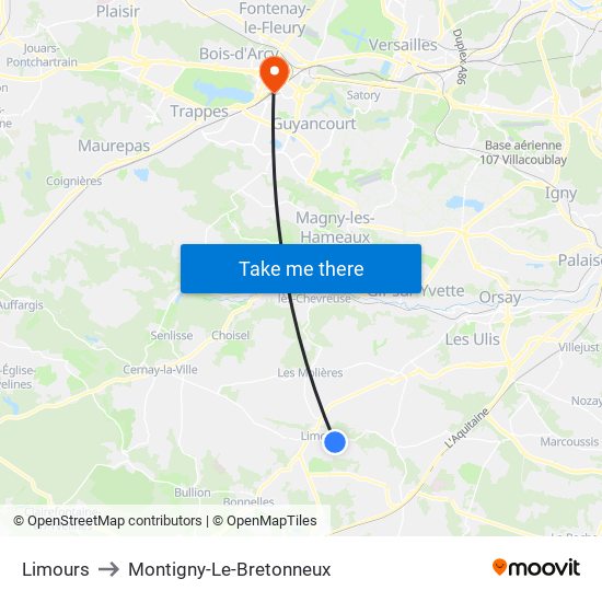Limours to Montigny-Le-Bretonneux map