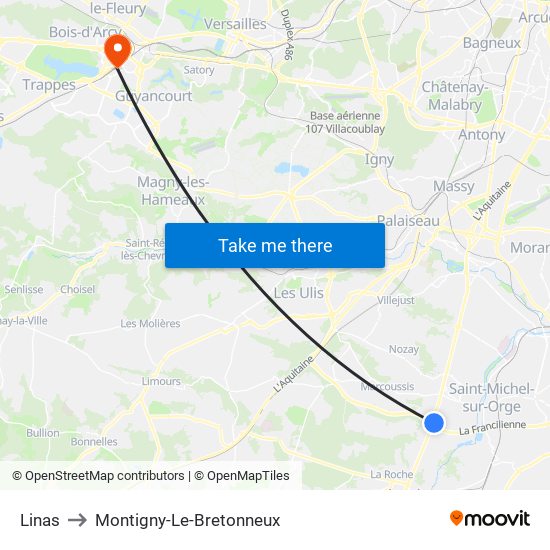 Linas to Montigny-Le-Bretonneux map
